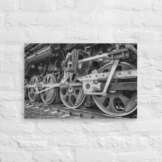 Classic Steam Locomotive Wheels in Black & White - Canvas Print