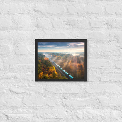 Autumn Train Through the Morning Forest Mist - Framed Print