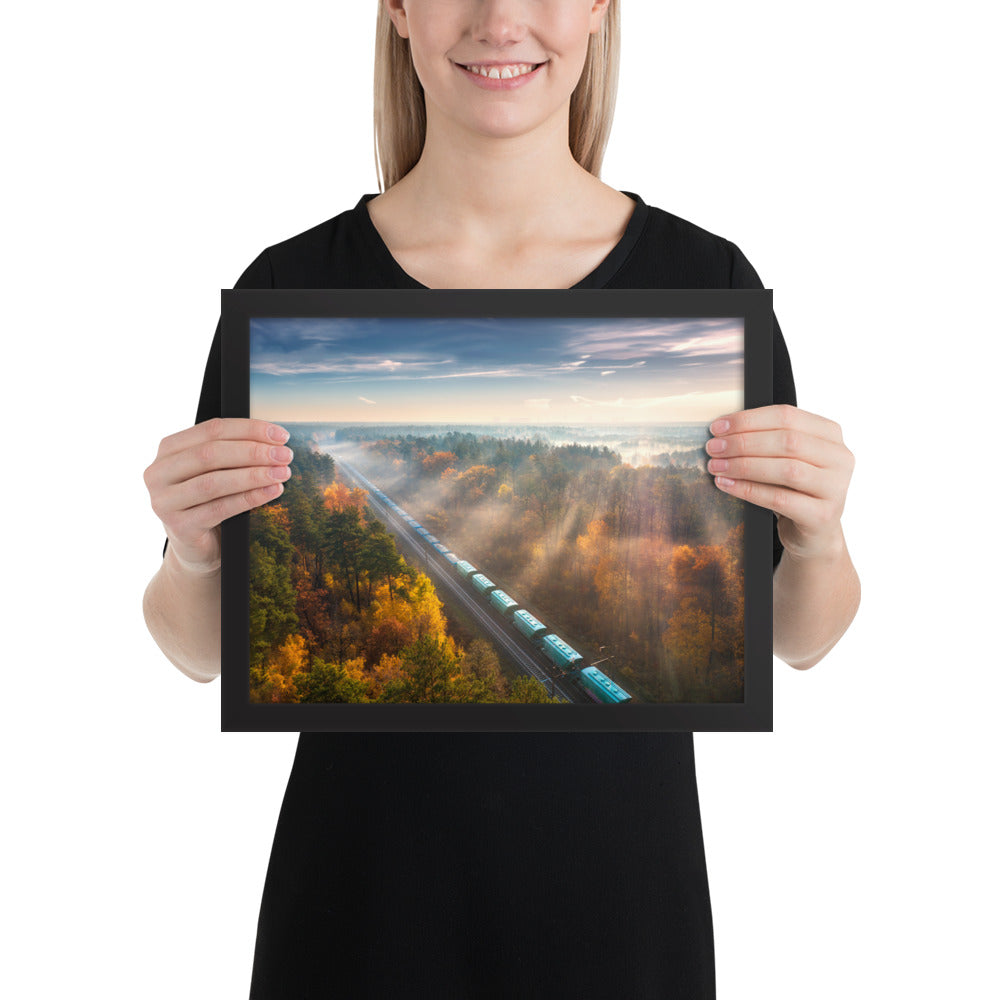 Autumn Train Through the Morning Forest Mist - Framed Print