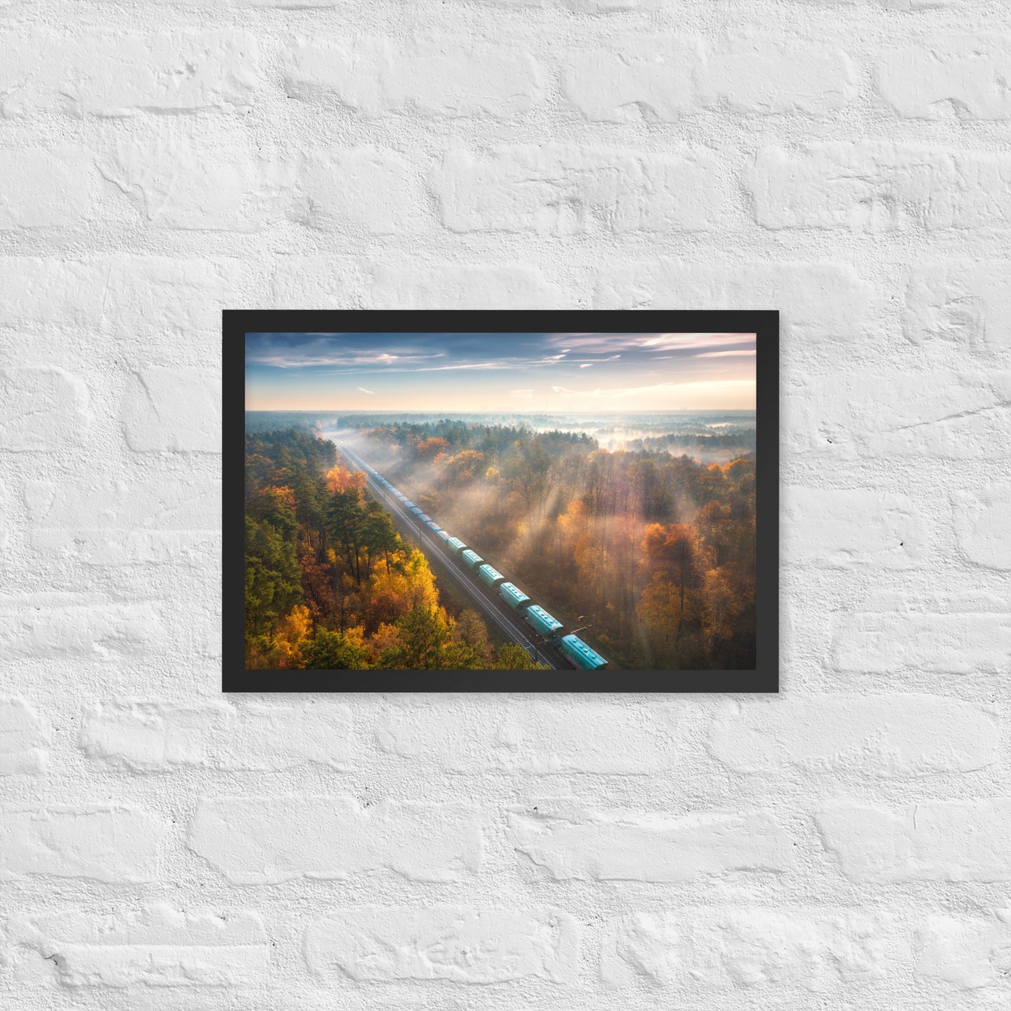 Autumn Train Through the Morning Forest Mist - Framed Print