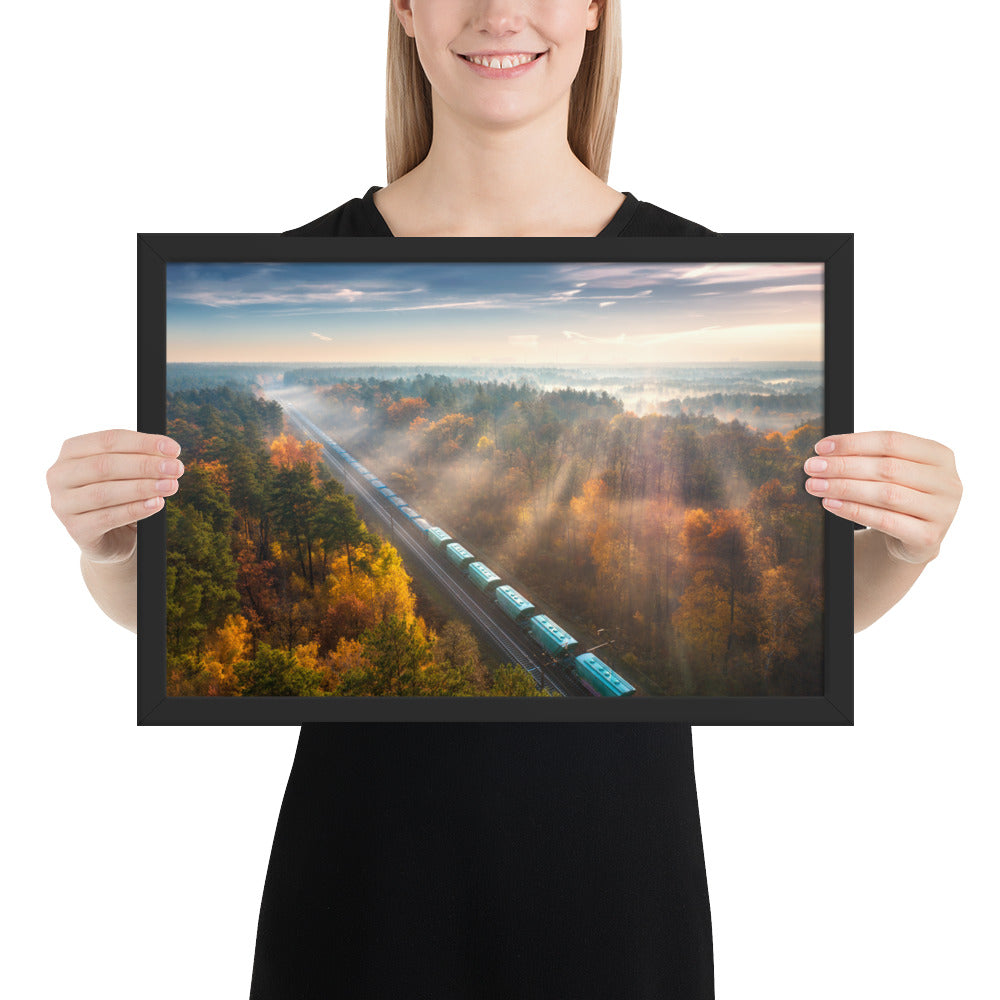 Autumn Train Through the Morning Forest Mist - Framed Print