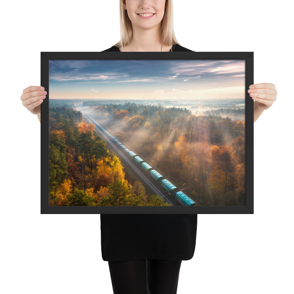 Autumn Train Through the Morning Forest Mist - Framed Print