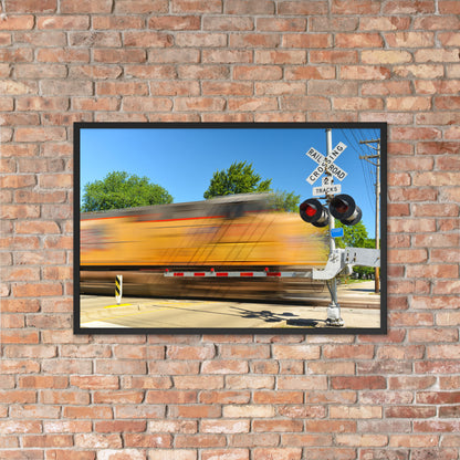 Freight Train Roaring Through an Active Railroad Crossing - Framed Print