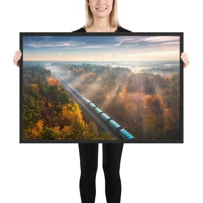 Autumn Train Through the Morning Forest Mist - Framed Print