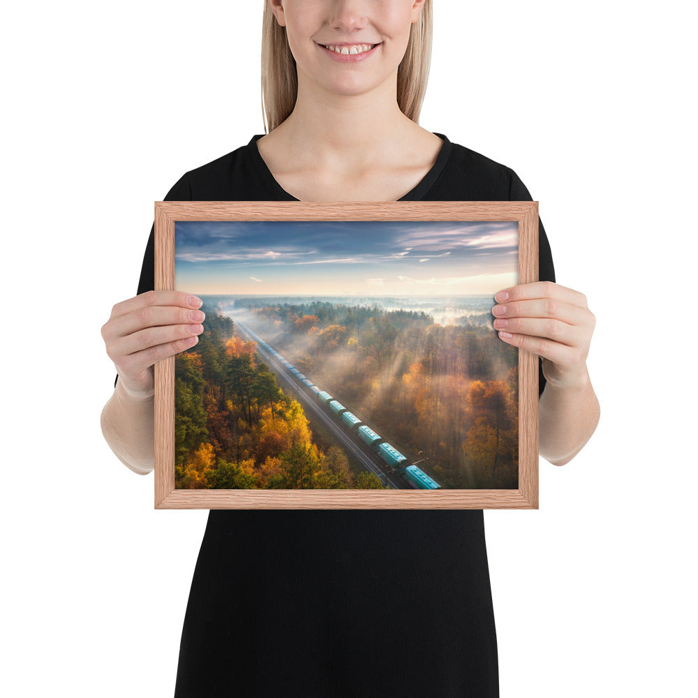 Autumn Train Through the Morning Forest Mist - Framed Print