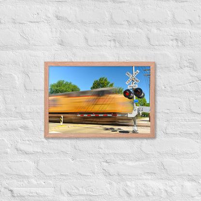 Freight Train Roaring Through an Active Railroad Crossing - Framed Print