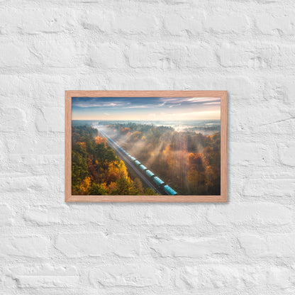 Autumn Train Through the Morning Forest Mist - Framed Print