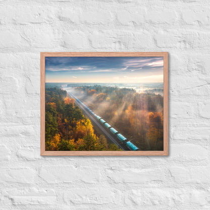 Autumn Train Through the Morning Forest Mist - Framed Print