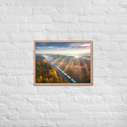 Autumn Train Through the Morning Forest Mist - Framed Print