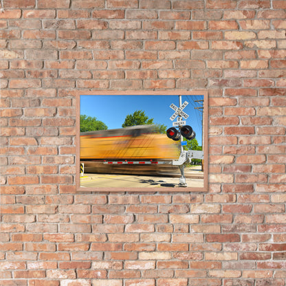 Freight Train Roaring Through an Active Railroad Crossing - Framed Print