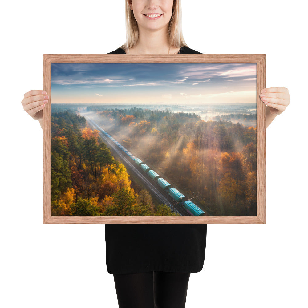 Autumn Train Through the Morning Forest Mist - Framed Print