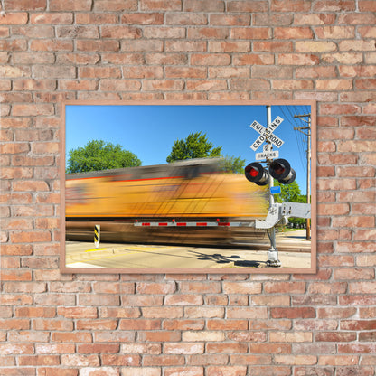 Freight Train Roaring Through an Active Railroad Crossing - Framed Print