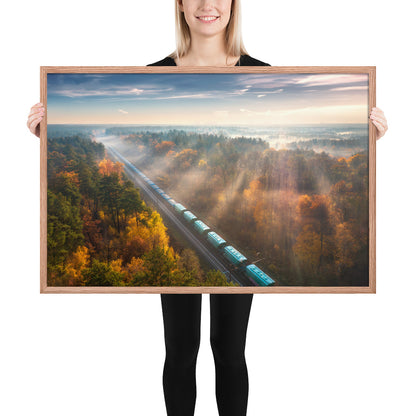 Autumn Train Through the Morning Forest Mist - Framed Print