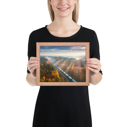 Autumn Train Through the Morning Forest Mist - Framed Print