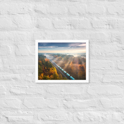 Autumn Train Through the Morning Forest Mist - Framed Print