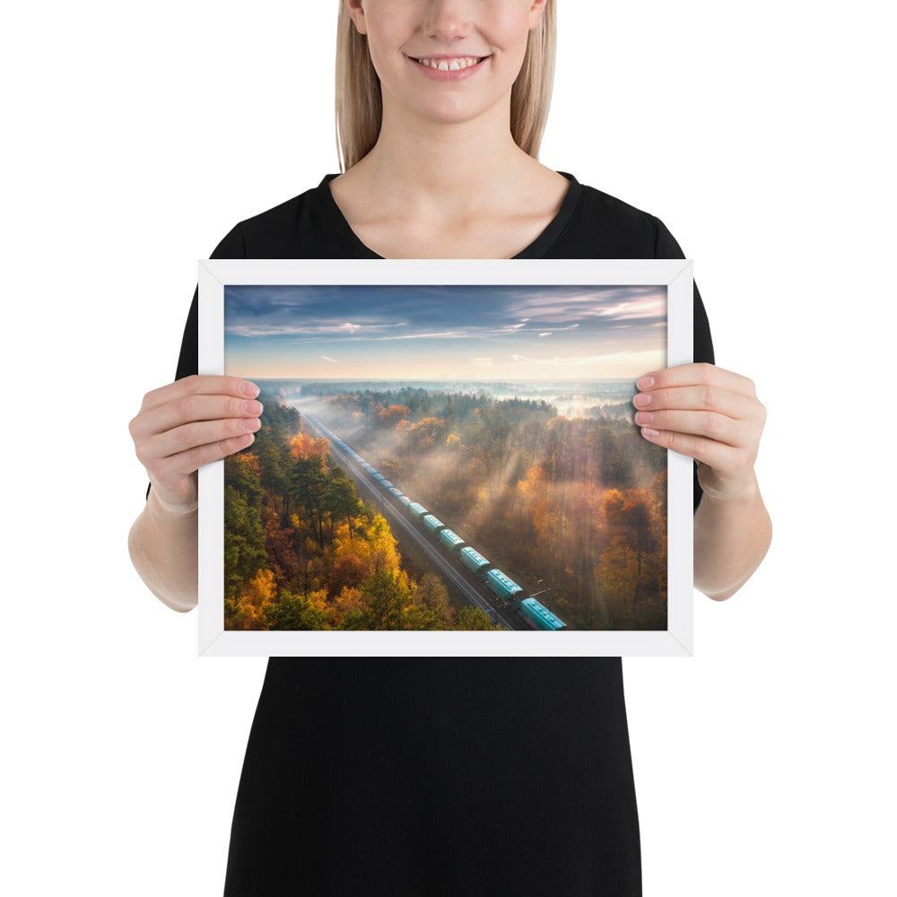 Autumn Train Through the Morning Forest Mist - Framed Print