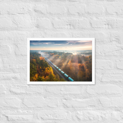 Autumn Train Through the Morning Forest Mist - Framed Print