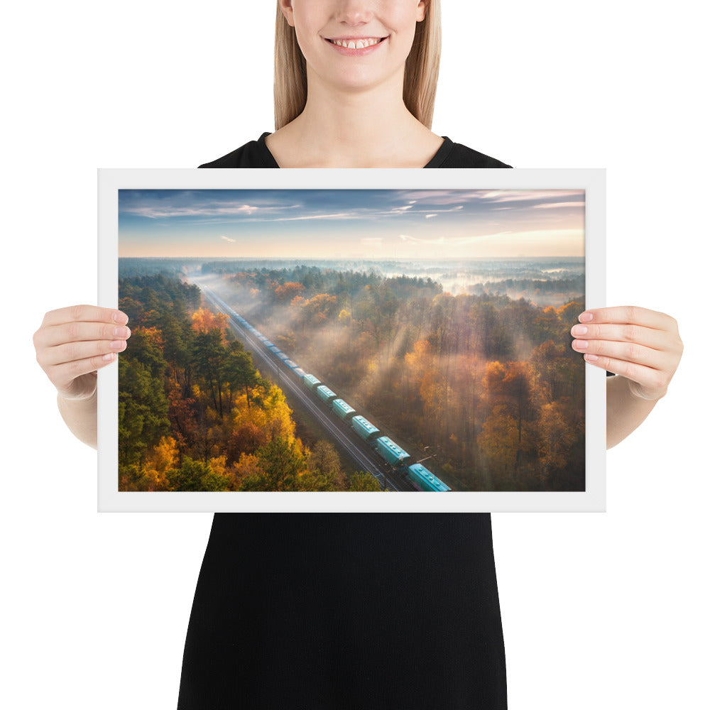 Autumn Train Through the Morning Forest Mist - Framed Print