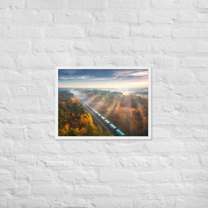 Autumn Train Through the Morning Forest Mist - Framed Print