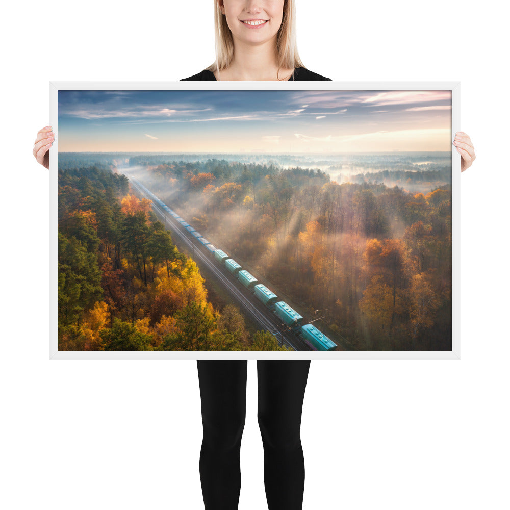 Autumn Train Through the Morning Forest Mist - Framed Print