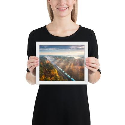 Autumn Train Through the Morning Forest Mist - Framed Print