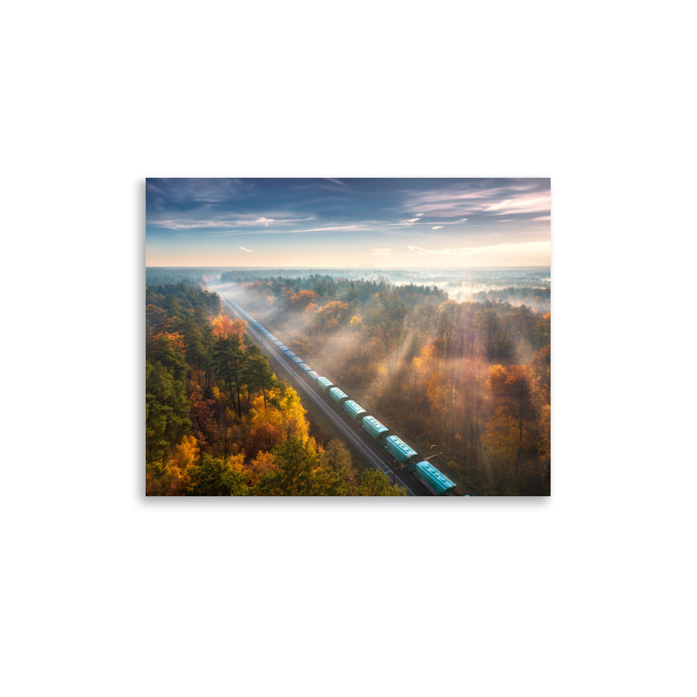 Autumn Train Through the Morning Forest Mist - Framed Print