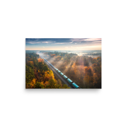 Autumn Train Through the Morning Forest Mist - Framed Print