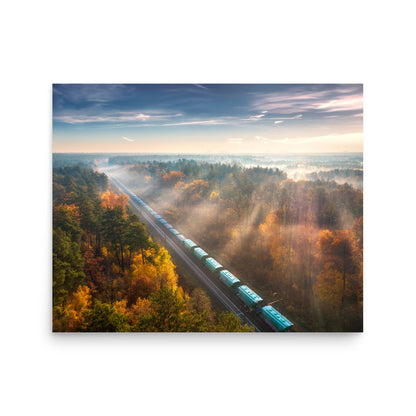 Autumn Train Through the Morning Forest Mist - Framed Print