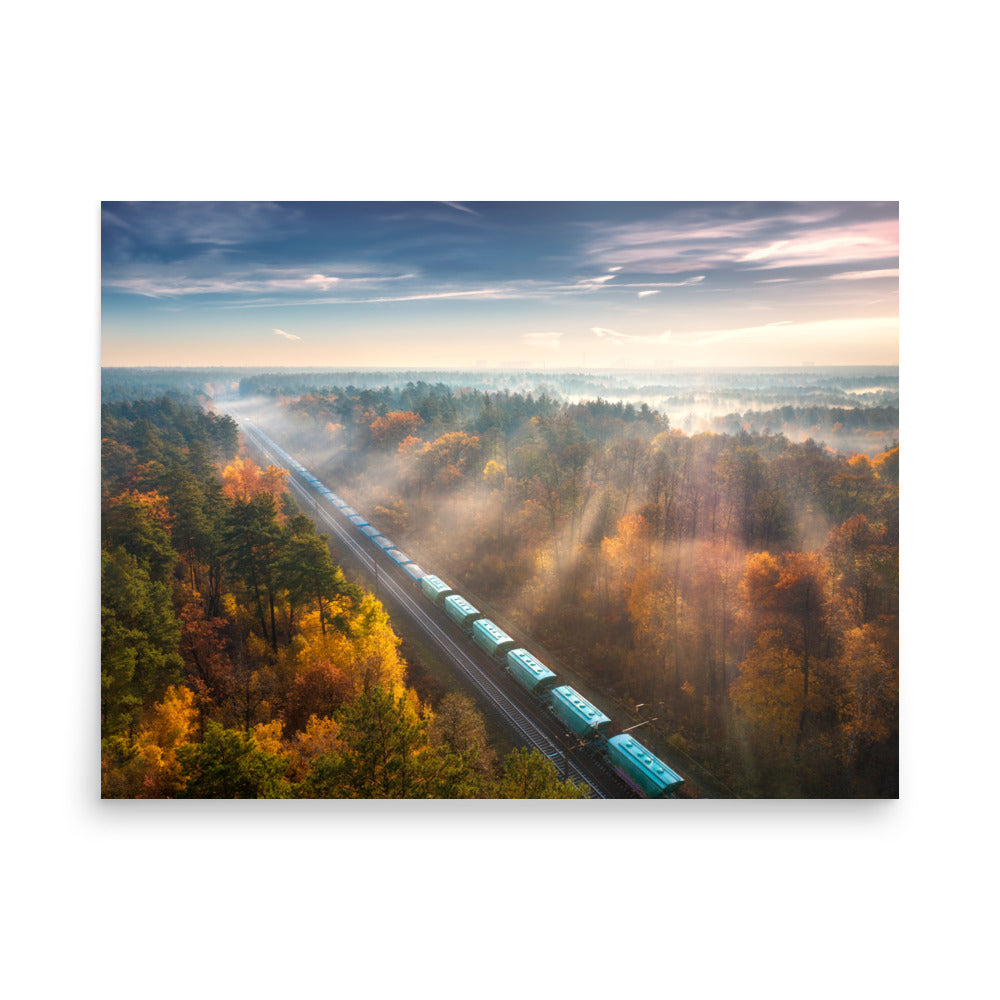 Autumn Train Through the Morning Forest Mist - Framed Print