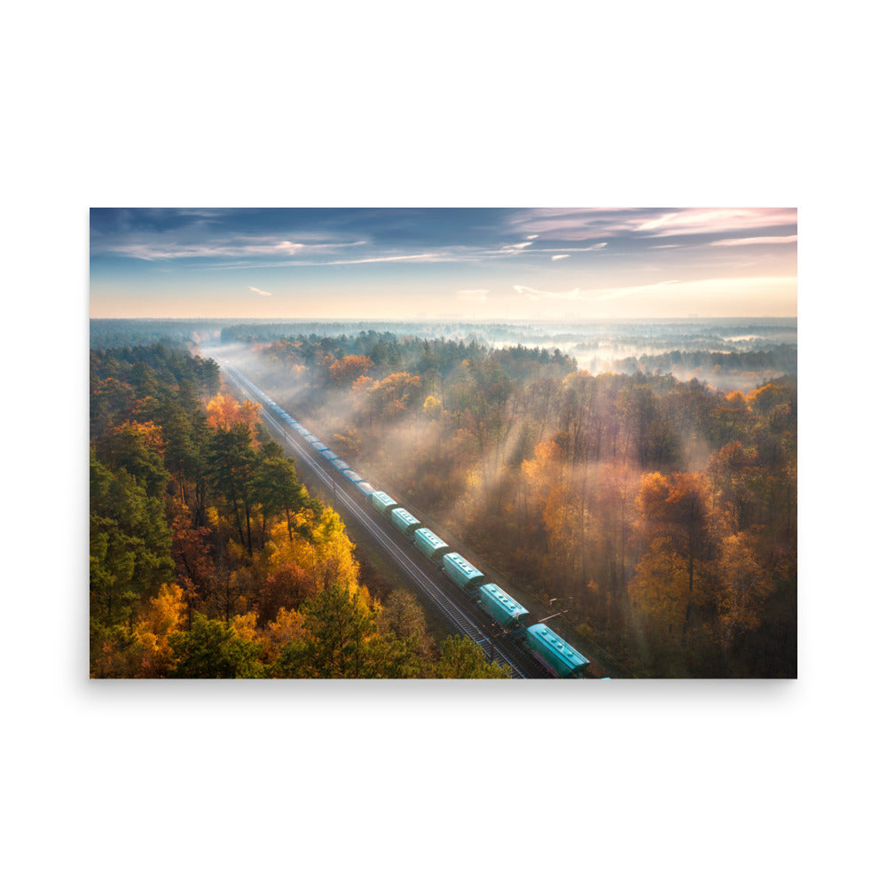 Autumn Train Through the Morning Forest Mist - Framed Print