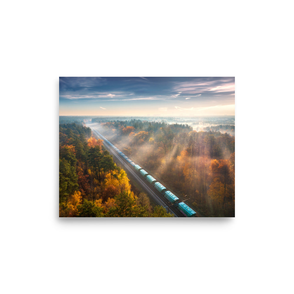 Autumn Train Through the Morning Forest Mist - Framed Print