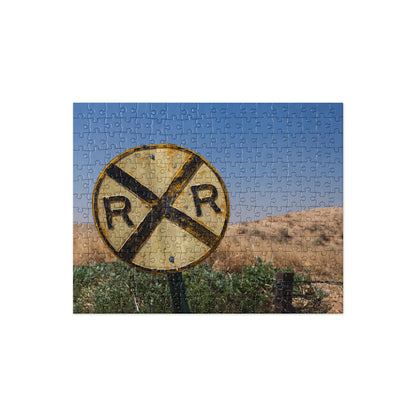 Rustic Passive Round RR Railroad Crossing Sign Puzzle with Gradient Sky