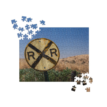 Rustic Passive Round RR Railroad Crossing Sign Puzzle with Gradient Sky