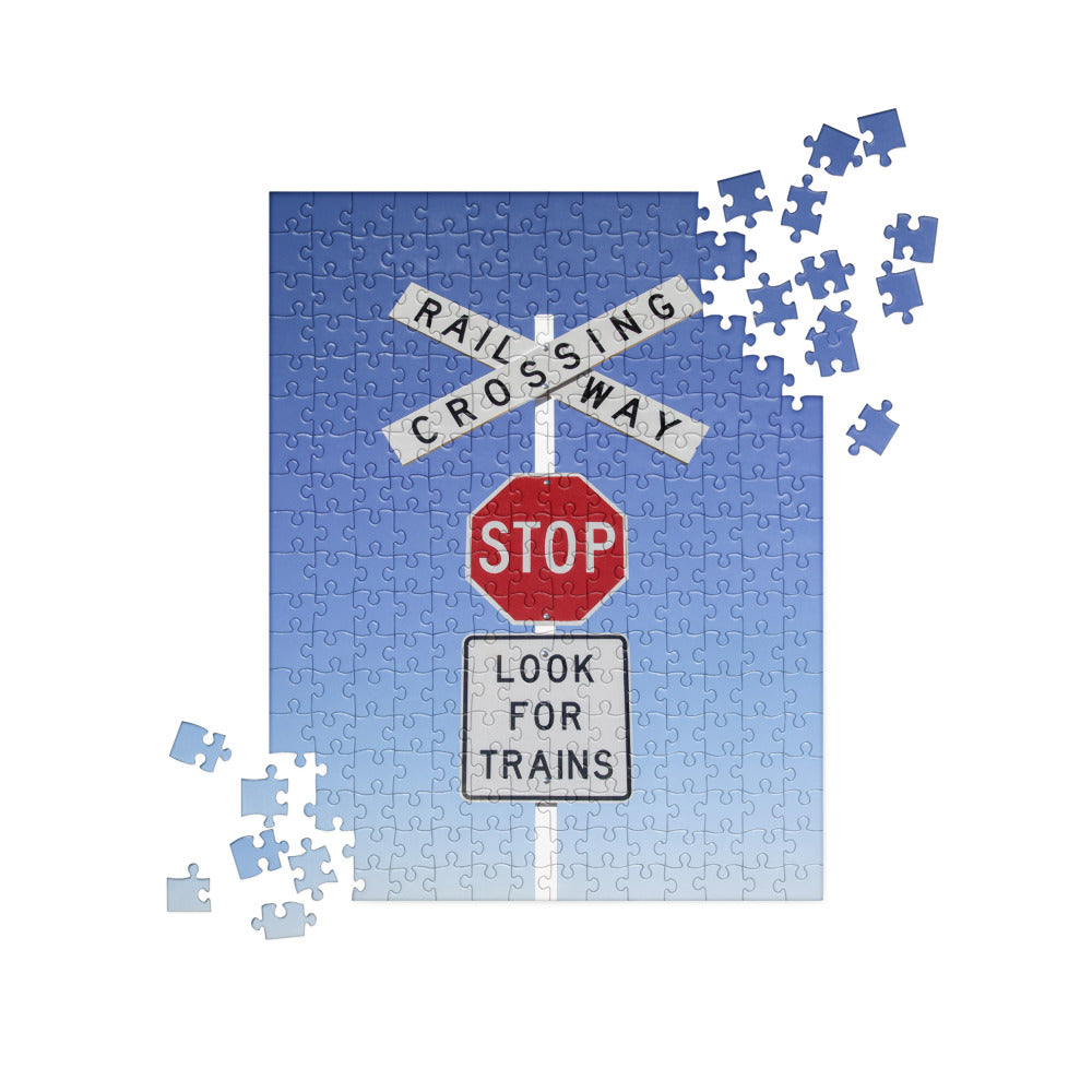 Stop, Look For Trains, Crossbuck Railway Crossing Signs Puzzle