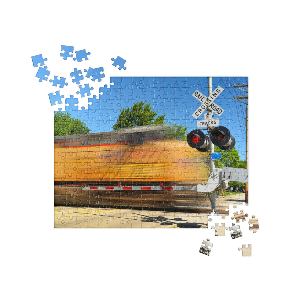 Freight Train Roaring Through an Active Railroad Crossing - Train Puzzle