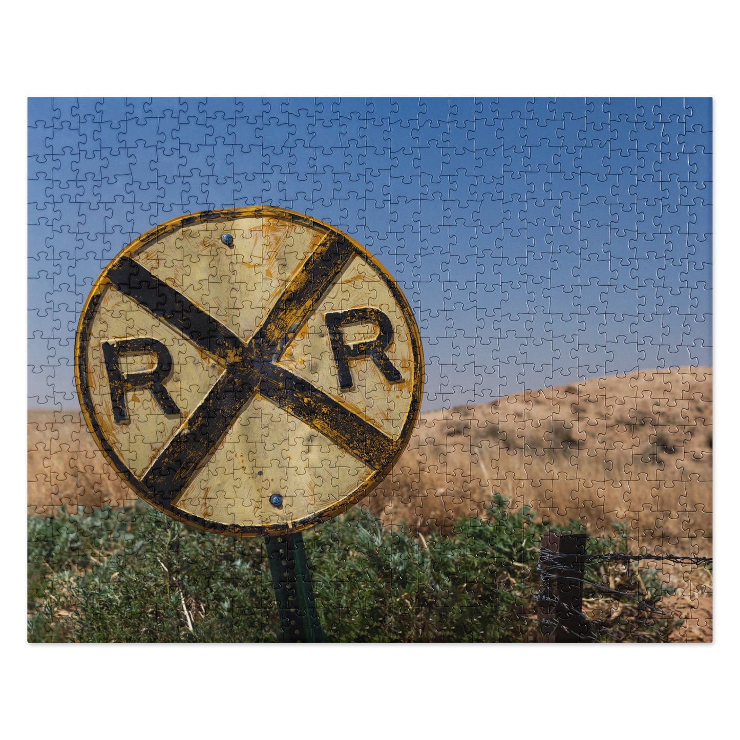 Rustic Passive Round RR Railroad Crossing Sign Puzzle with Gradient Sky