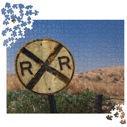 Rustic Passive Round RR Railroad Crossing Sign Puzzle with Gradient Sky