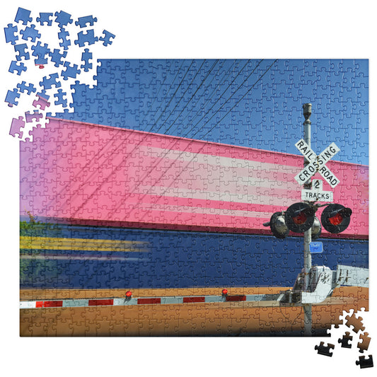 Blurred Freight Train Boxcars in an Active Railroad Crossing  - Train Puzzle