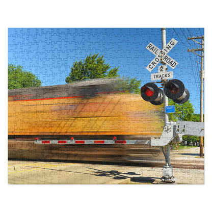 Freight Train Roaring Through an Active Railroad Crossing - Train Puzzle