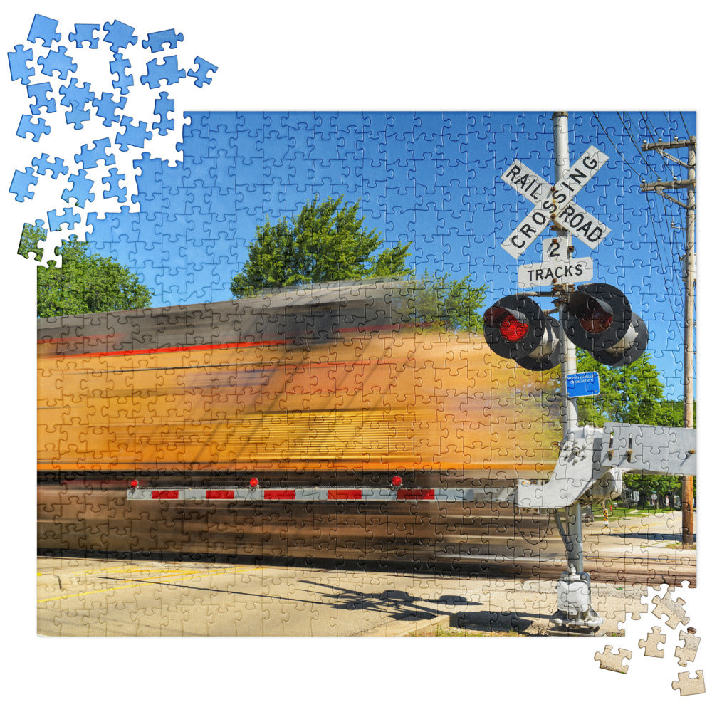 Freight Train Roaring Through an Active Railroad Crossing - Train Puzzle