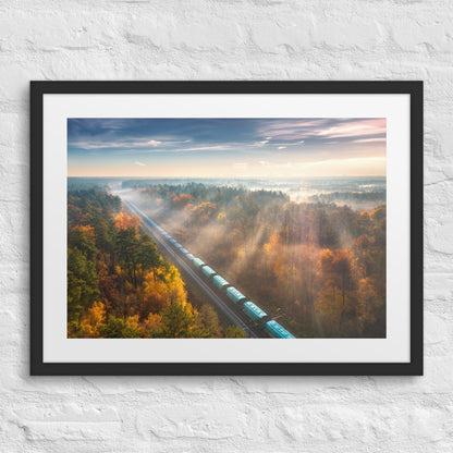 Autumn Train Through the Morning Forest Mist - Framed Print