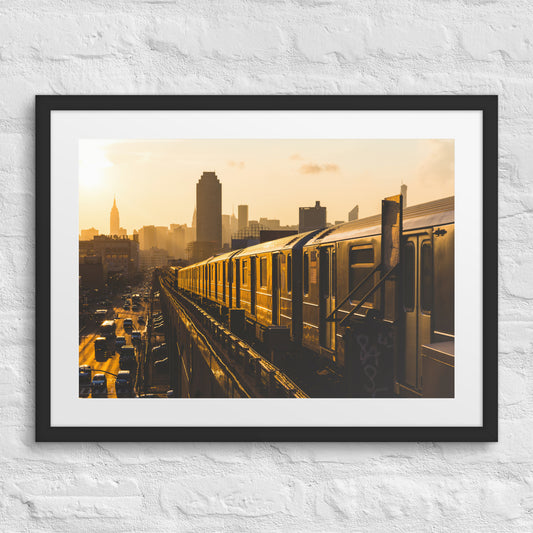 Golden Hour in Manhattan from Queens 40 St-Lowery Subway Station - Framed Print