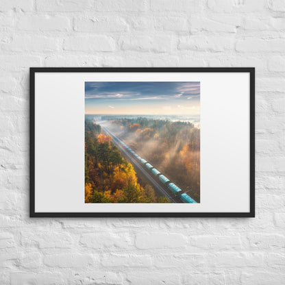 Autumn Train Through the Morning Forest Mist - Framed Print