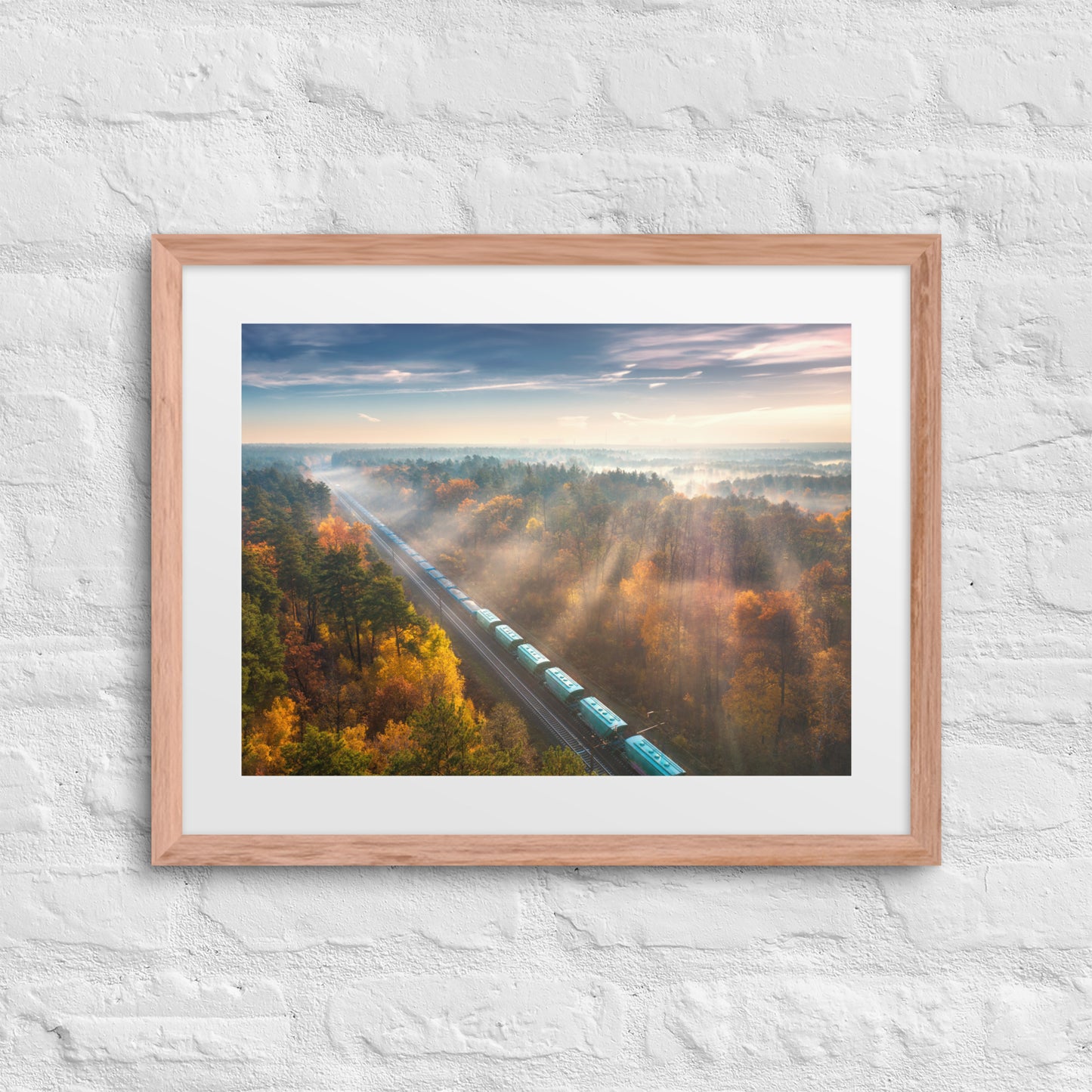 Autumn Train Through the Morning Forest Mist - Framed Print