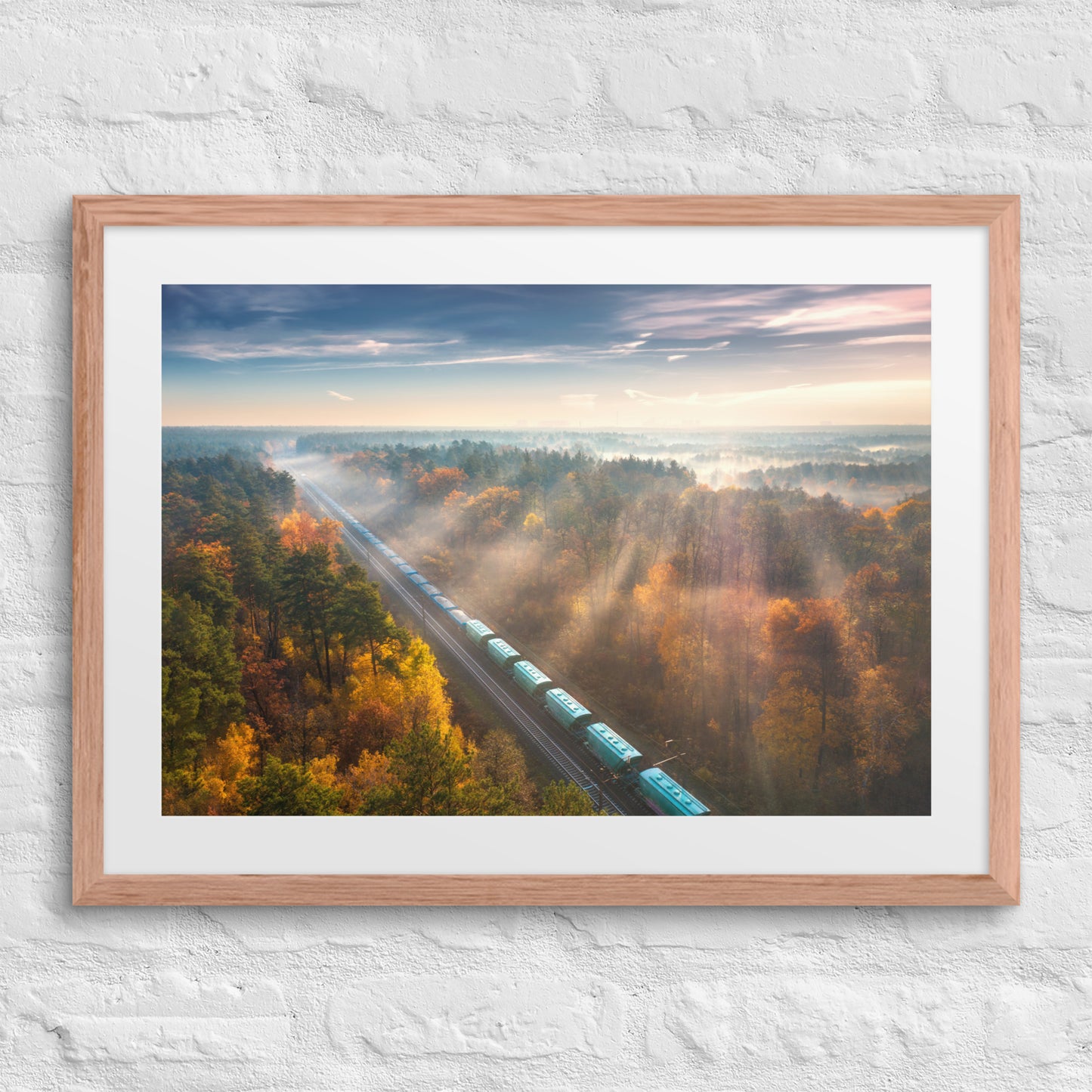 Autumn Train Through the Morning Forest Mist - Framed Print