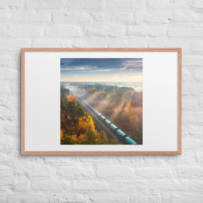 Autumn Train Through the Morning Forest Mist - Framed Print