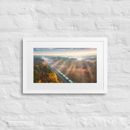 Autumn Train Through the Morning Forest Mist - Framed Print