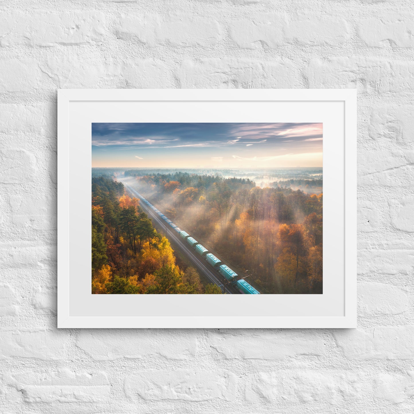 Autumn Train Through the Morning Forest Mist - Framed Print