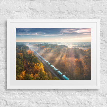 Autumn Train Through the Morning Forest Mist - Framed Print