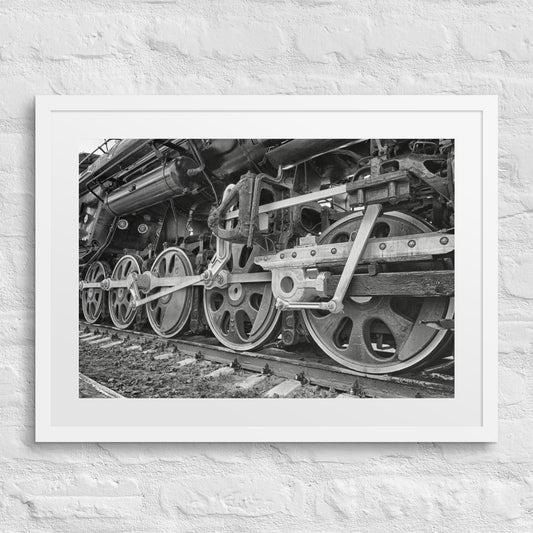 Classic Steam Locomotive Drive Wheels in Black & White - Framed Print